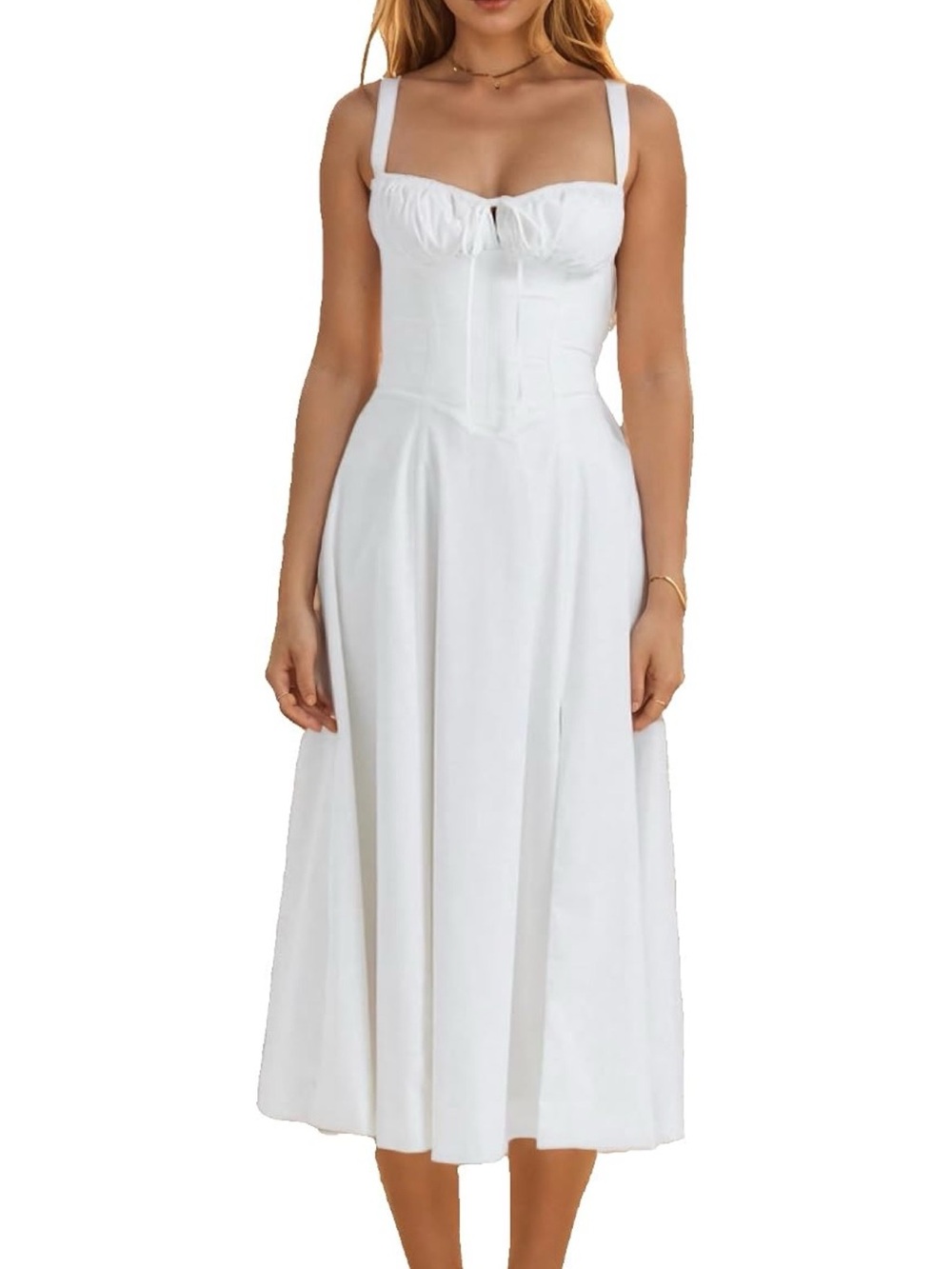White Sleeveless Midi Dress with Sweetheart Corset Bodice